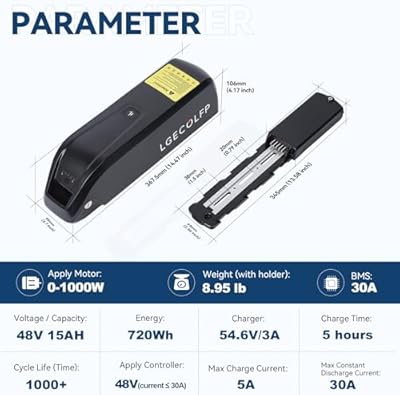 LGECOLFP 36V 15Ah battery specs showing 30A BMS, LED indicator, and waterproof case design