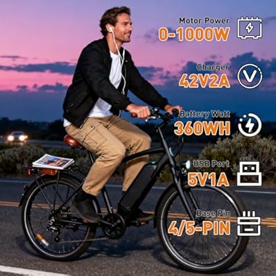 UAZ 36V 10.4Ah on ebike showing motor power, charger specs, and USB port details