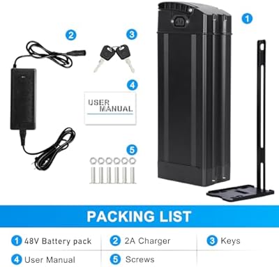 VODIPOWER 48V 10Ah package contents including charger, keys, bracket, and screws