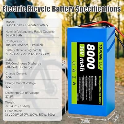 Topone 36V 8Ah battery specs showing dimensions and connectors