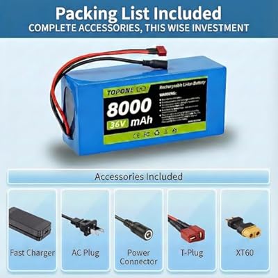 Topone 36V 8Ah battery complete accessory kit with charger and connectors