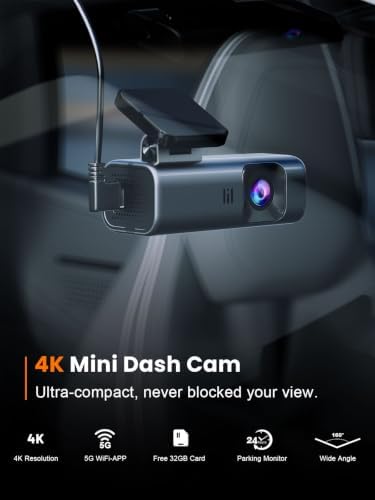 Compact screen-free 4K dash cam with 5GHz WiFi and G-sensor
